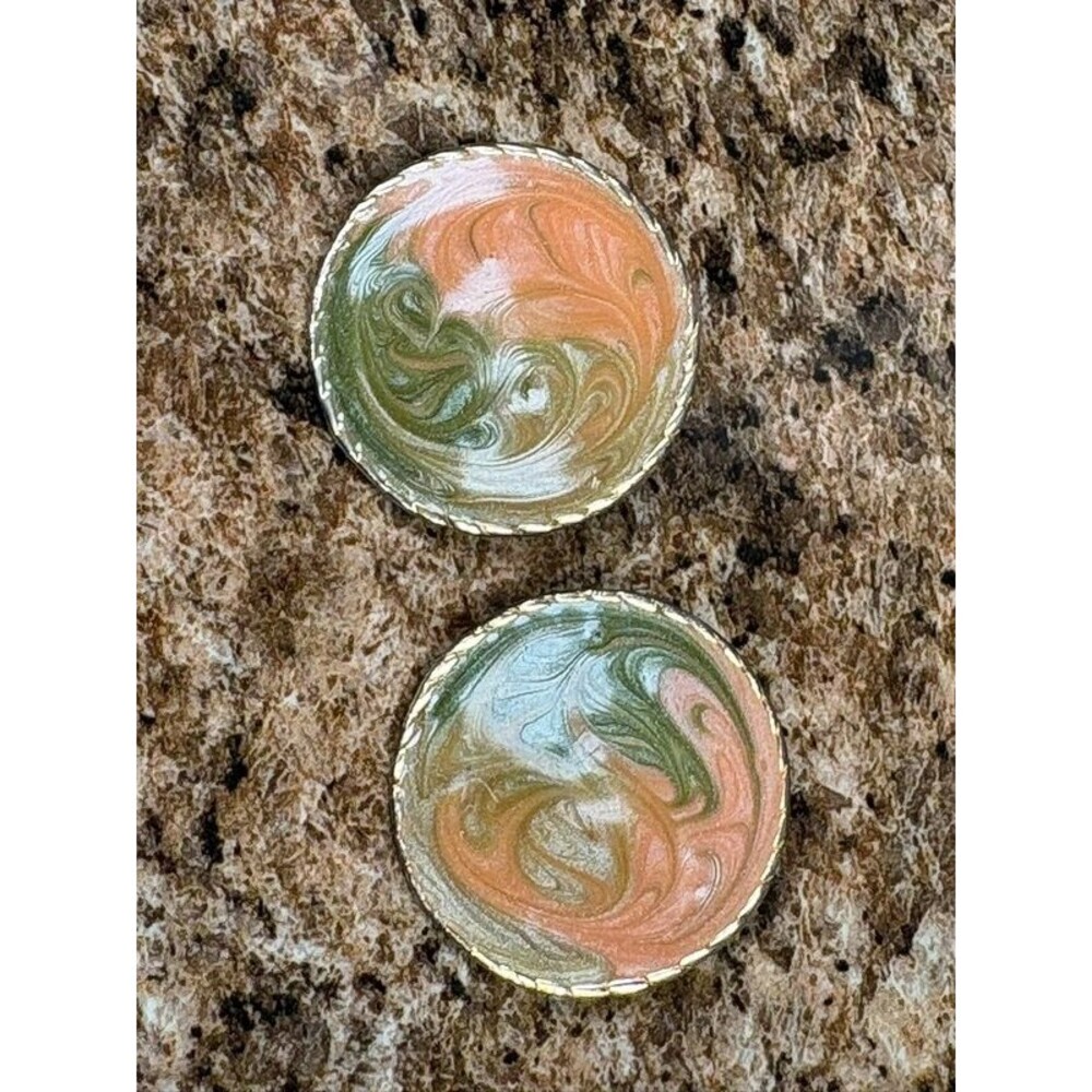 Vintage Peach & Sage Green Swirl Enamel Clip-On Earrings Gold Tone Round Disc